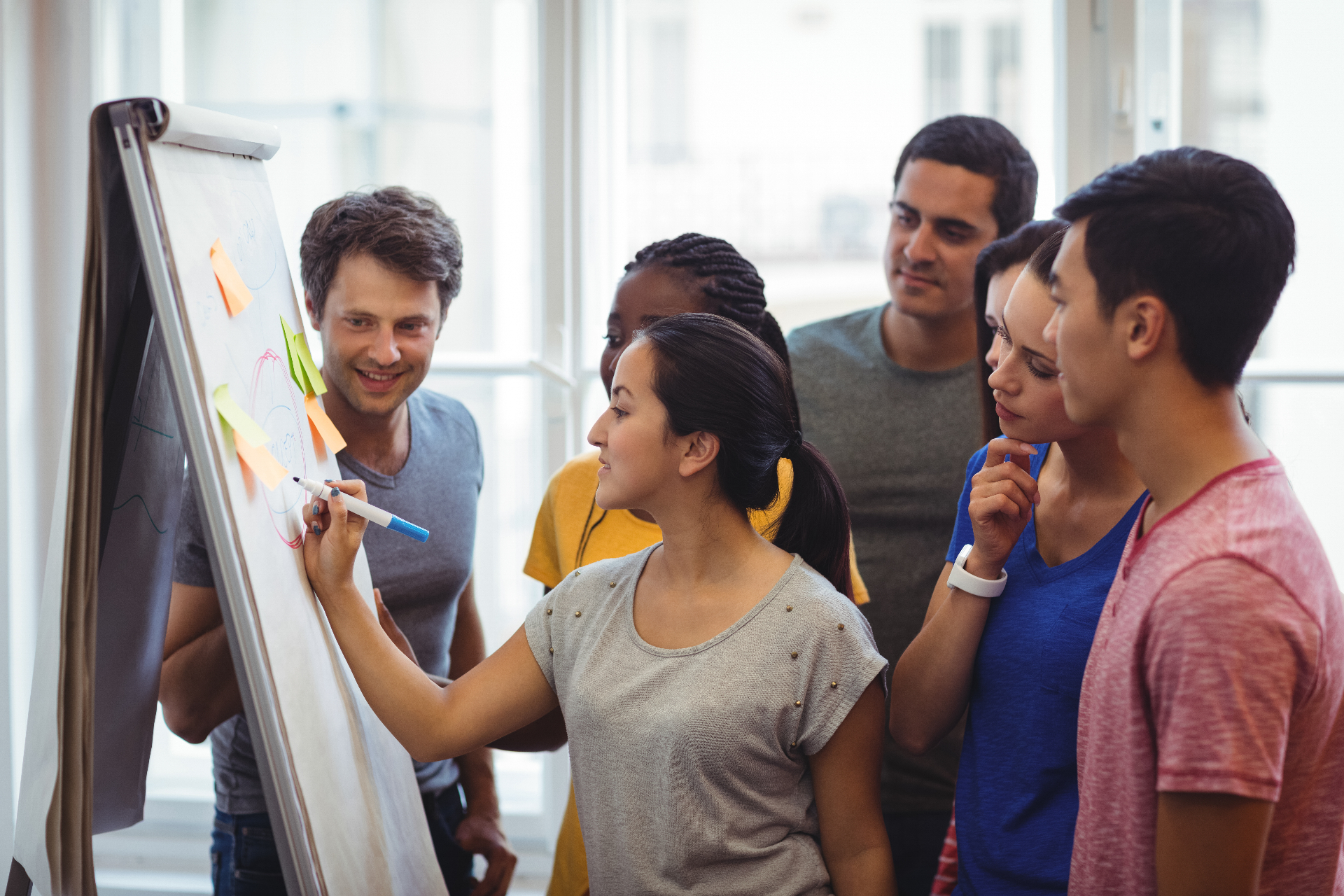 Facilitator leading a workshop discussion with a small group around a flip chart
